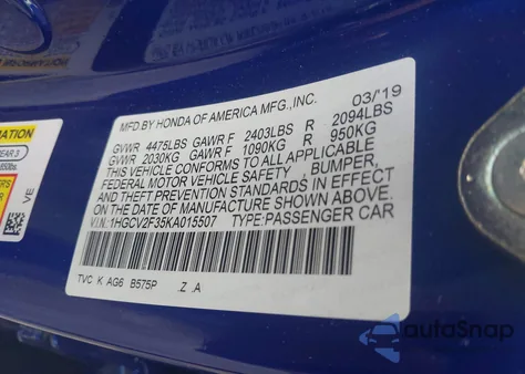 2019 Honda Accord Sport 2.0T из США, поврежденный, VIN 1HGCV2F35KA015507